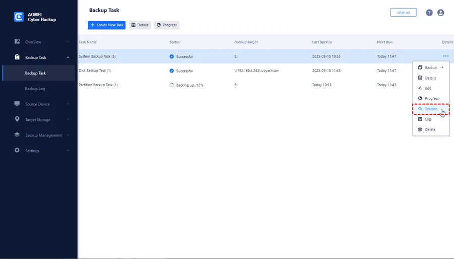 AOMEI Cyber Backup restore