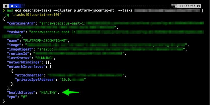 AWS CLI output from describe-tasks showing a stopped ECS task, stop code, stopped reason, and container failure details, with sensitive information redacted.
