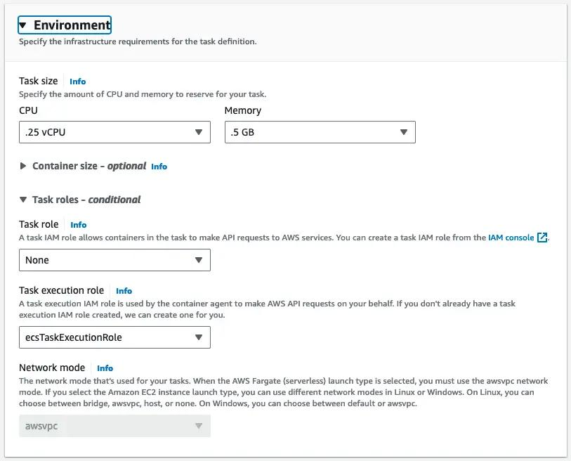 Amazon ECS task definition showing the container image reference and task execution role configuration, with sensitive details redacted.