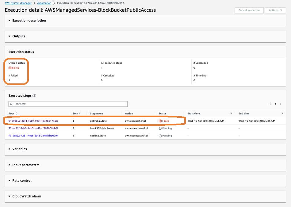 AWS Systems Manager Automation execution for the ECS task startup troubleshooting runbook, showing diagnostic steps and execution status