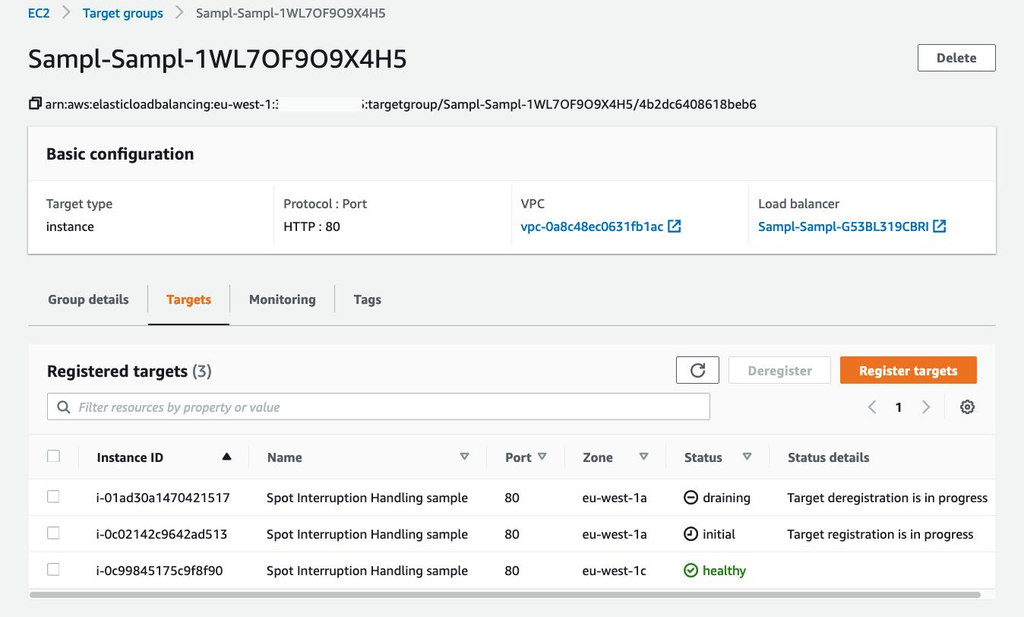 ECS and load-balancer health information showing target health, configured port, health-check path, and an example unhealthy target reason.